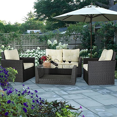 Giantex 4pc Rattan Sofa Furniture Set Patio Garden Lawn Cushioned Seat Black Wicker (Black)