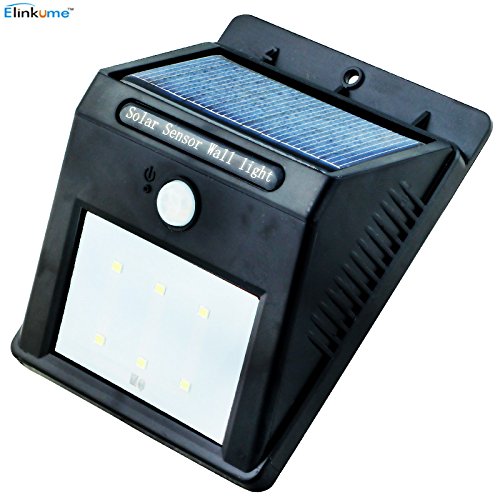 Elinkume 6 Leds Bright Outdoor LED Light Solar Energy Powered – Weatherproof – No Tools Required; PIR Senor Motion Sensor-detector Activated / for Patio, Deck, Yard, Garden, Home, Driveway, Stairs, Outside Wall / Wireless Exterior Security Lighting (No Battery Required) / Dusk to Dawn Dark Sensing Auto on / Off (1 Pack)