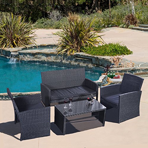 Giantex 4 Pc Rattan Patio Furniture Set Garden Lawn Sofa Wicker Cushioned Seat Black