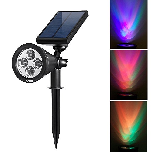 Amir® LED Solar Spotlight / Solar Powered Outdoor Wall Light – Waterproof, 180°angle Adjustable, Auto-on At Night/Auto-off By Day – Solar Outdoor Lighting, Spotlights, Security Lighting, Path Lights, In-ground Lights, Landscape Light, Solar Flag Pole Light for Tree, Patio, Deck, Yard, Garden, Driveway, Stairs, Pool Area, Etc.(Changing Color)