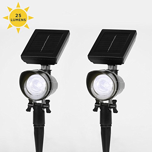 Set of 2 Adjustable Solar Bright White LED Black Spot Lights with Garden Stakes
