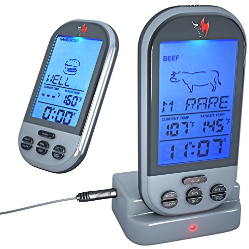 Wireless Meat Thermometer by KONA ~ Best Digital Meat Thermometer For Smokers/Grill/BBQ/Candy & Fondue ~ 100ft Range ~ Blue Backlit Digital LED Screen
