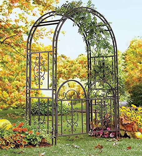 Garden Arbor Archway Dark Bronze Finished Iron Patio Arbor WITH Gate Elegant & Stylish Perfect for Weddings, Ceremonies, & Outdoor Venues Looks Great in Lawns, Yards, and Patios