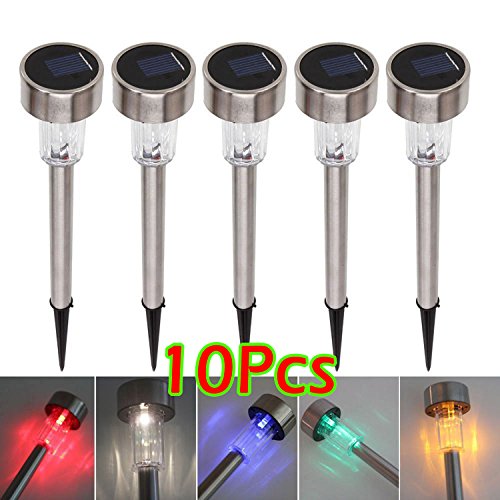 10 Pcs Outdoor Stainless Steel Solar Power 7 Color Changing LED Garden Landscape Path Pathway Lights Lawn Lamp (Multi-colored)