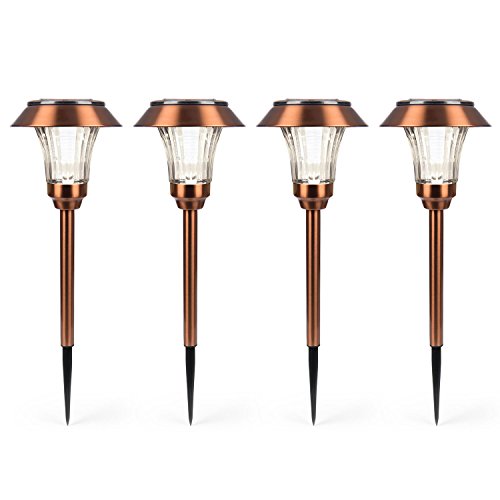 Set of 4 Warm White LED Copper Solar Path Lights with Garden Stakes