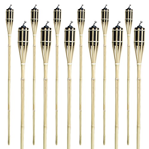 Matney® Bamboo Tiki Torches – Set of 12 – Includes Metal Oil Canisters with Bamboo Covers to Protect from Rain – 48″ Long