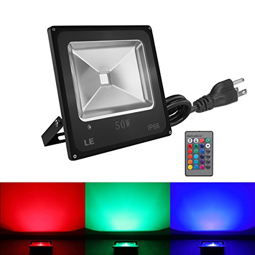 LE® Remote Control 50W RGB LED Flood Lights, Color Changing LED Security Light, 16 Colors & 4 Modes, Waterproof LED Floodlight, US 3-Plug, Wall Washer Light