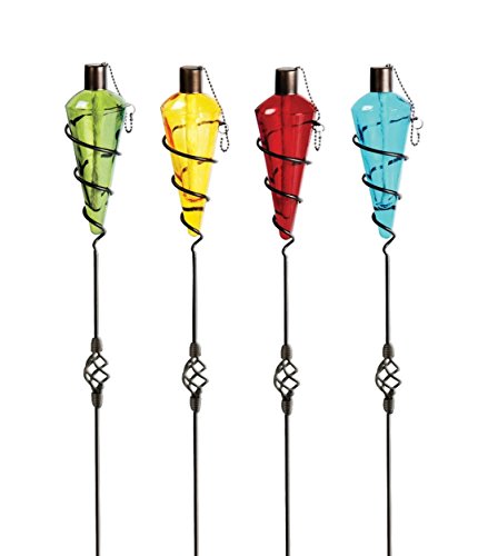 Assorted Color Outdoor Glass Tiki Torch Light w/ Metal Stand, Set of 4