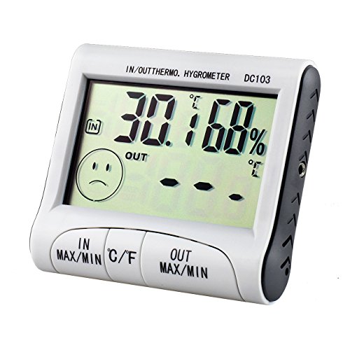 Tera Indoor and Outdoor Digital Thermometer Hygrometer Temperature and Humidity Monitor Gauge with Detector and MIN/MAX Records White
