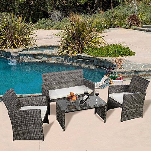 GHP Outdoor Garden Patio 4-Piece Cushioned Seat Mix Gray Wicker Sofa Furniture Set