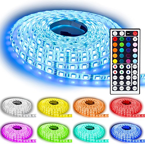 Rxment® Led Strip Lighting 10M 32.8 Ft 5050 RGB 300leds Flexible Color Changing Full Kit with 44 Keys IR Remote Controller +Control Box+ 12v 5A Power Supply for Home Lighting & Kitchen and Christmas Decorative