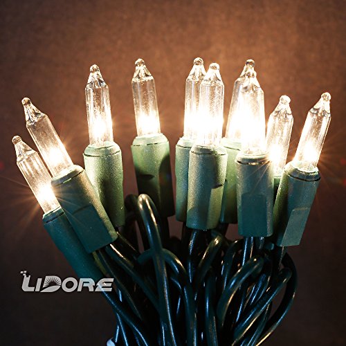 LIDORE 100 Counts Super Bright Clear Mini Christmas tree Lights. Warm White Color. Best Gift for Decoration. End to End Connection. Green wire