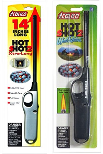 2 Pack Combo – Calico Hot Shot 2 Xtra Long and Standard Wind resistant Lighter Safe for Camping/grilling/home, Adjustable Flame