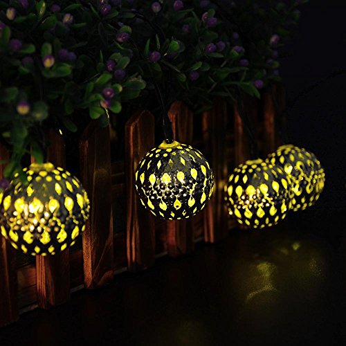 lederTEK 10 LED 11ft Solar Powered Fairy Moroccan Silver Metal Globe String Lights For Outdoor, Christmas, Garden, Patio, Fence, Home, Party Decoration (10 LED Warm White)