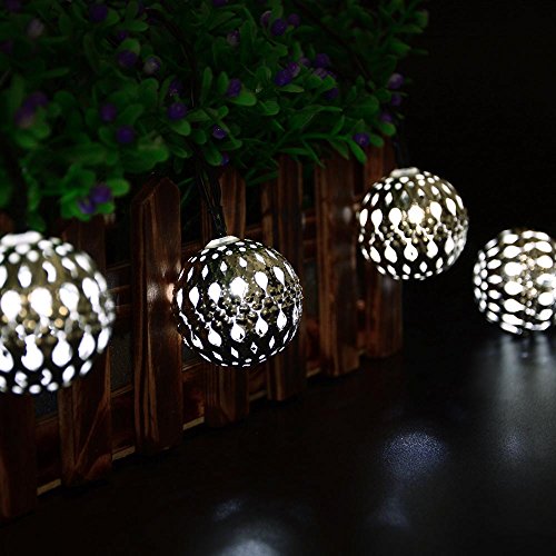 lederTEK 10 LED 11ft Solar Powered Fairy Moroccan Lantern Silver Metal Globe String Lights For Outdoor, Garden, Patio, Lawn, Fence, Bedroom Christmas Lighting Seasonal Decoration (White)