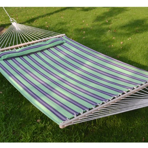 Hammock Double Size Quilted Fabric Heavy Duty Sleep Bed W/Pillow + wooden stick-stripe-purple-green color