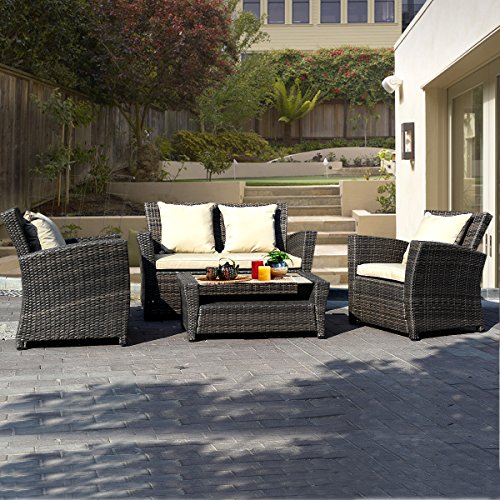 Goplus® 4 PCS Brown Wicker Cushioned Rattan Patio Set Garden Lawn Sofa Furniture Seat
