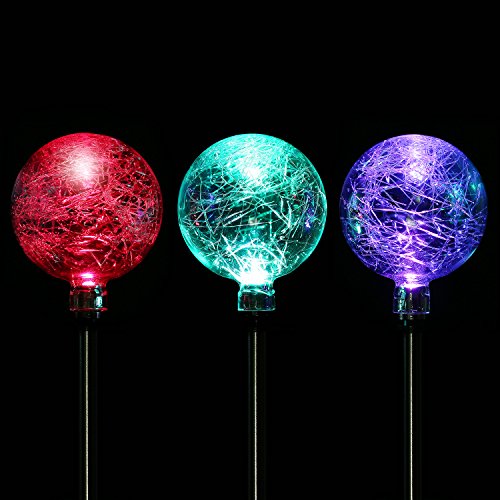 3 Pack Outdoor Light Stainless Steel Solar Crackle Glass Ball Path Light Cordness LED Solar Light Color Changing LED Garden Landscape Path Pathway Lights Lawn Lamp