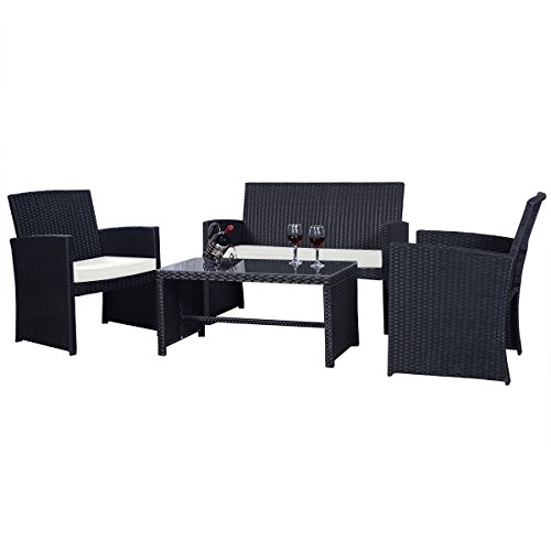 Goplus® 4 PC Rattan Patio Furniture Set Black Wicker Garden Lawn Sofa Cushioned Seat