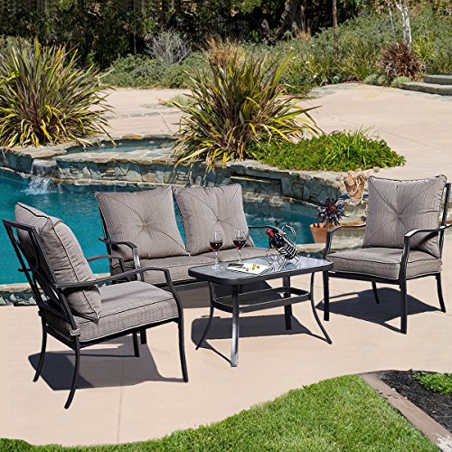 Giantex 4 PCS Steel Frame Patio Furniture Tea Table & Chairs Set Outdoor Garden Pool