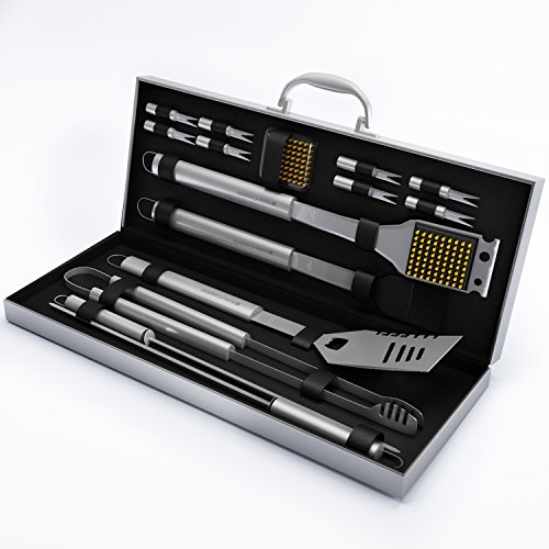 BBQ Grill Tools Set with 16 Barbecue Accessories -Perfect Christmas Gifts Idea -Stainless Steel Utensils with Aluminium Case- Men Complete Outdoor Grilling Kit for Dad -Lifetime Warranty