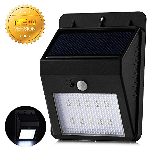 Pandawill Bright 10 Led Outdoor Wireless Solar Powered Security Wall Lights, Waterproof Motion Sensor Lights Auto On / Off with Dim Mode No Batteries Required (Black, 1 pack)