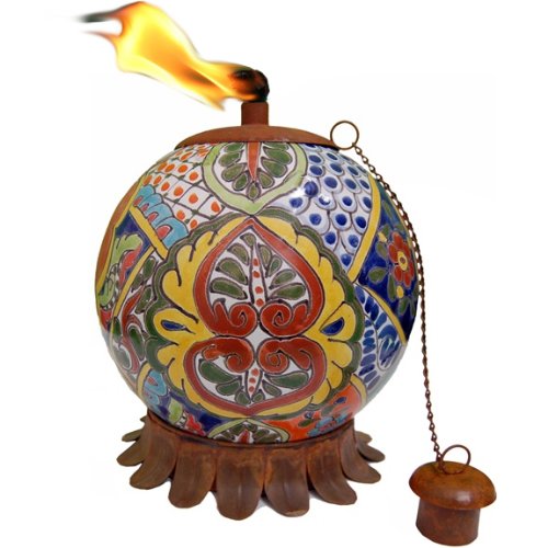 Mexican Talavera Clay Pottery Oil Lamp / Tiki Torch with Stand & Snuffer – Veracruz Design