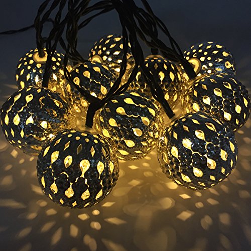 TEQIN 10LED Moroccan Metal Solar String Lights LED Ball Christmas Xmas New Year Party Fairy Wedding Outdoor/Indoor Decoration Lamp(Silver)