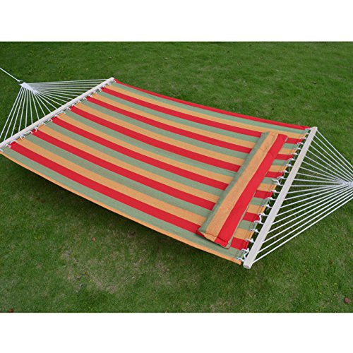 Strong Camel STRIPE-ORANGE-RED Hammock Double Size Quilted Fabric Heavy Duty Sleep Bed W/Pillow + wooden stick