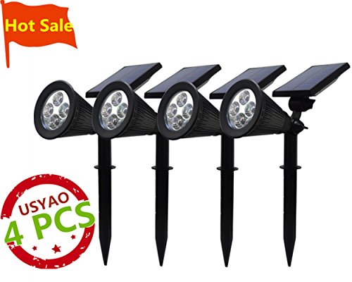 USYAO Spotlight Upgraded 4 LED 200 Lumen Sun-powered Spot Light Integrated Panel and Light, Solar Rechargeable Waterproof Black Color , with Adjustable Angle and Bright Illumination Pack of 4