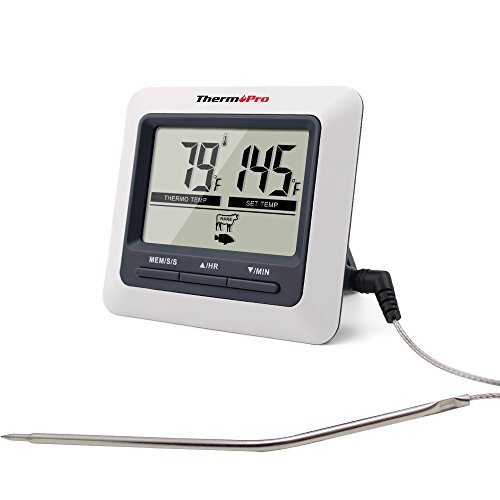 ThermoPro TP-04 Large LCD Digital Grilling Oven, Cooking, Meat Thermometer with Stainless Steel Step-Down Probe and Built In Cooking Clock Timer