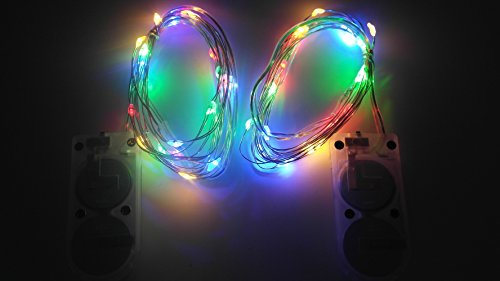 Top-Longer Micro LED 20 Super Bright Color Lights Battery Operated on 6 Ft Long Silver Color Ultra Thin String Wire-2 Sets (Multi-colored)