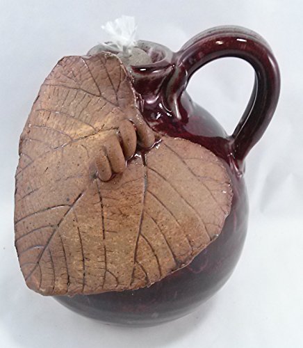 Aunt Chris’ Pottery – Hand Made Clay – Oil Lamp – Glazed Red With Shiny Gloss Finish – Accented With a Grape Leaf Curly Vine – Use Indoor Or Outdoor