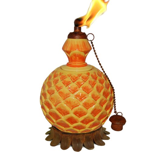 Mexican Clay Pottery Oil Lamp / Tiki Torch with Snuffer & Stand – Yellow Dahlia Design