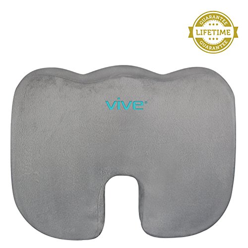 Coccyx Seat Cushion by Vive – Best Orthopedic Memory Foam for Comfort – Ergonomic Design for Office Chair, Car / Automobile, Bleacher, Wheelchairs – Lifetime Guarantee (Gray)