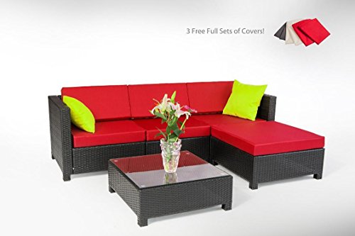 5 pcs Luxury Wicker Patio Sectional Indoor Outdoor Sofa Furniture set including 3 free sets of covers Red White Grey