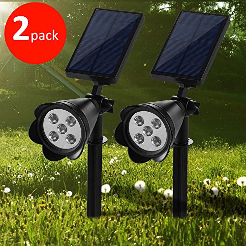 2 Pack [5 LED Max 250 Lumens]GRDE® LED Solar Spotlight/ Wall Light, Waterproof, 180°Angle Adjustable, Auto-on At Night/Auto-off By Day – for Outdoor Garden Lawn Path, In-ground Lights, Landscape Light