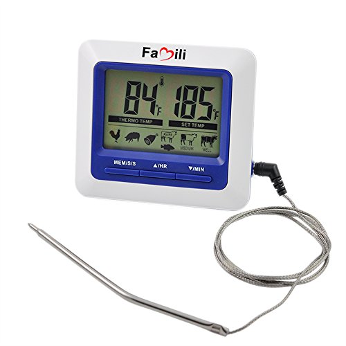 Famili MT004 Kitchen BBQ Digital Cooking Thermometer with Timer Alarm Functions, Stainless Steel Probe on Braided Steel Cable for Use in Oven, Grill or BBQ Easy Read Digital Display