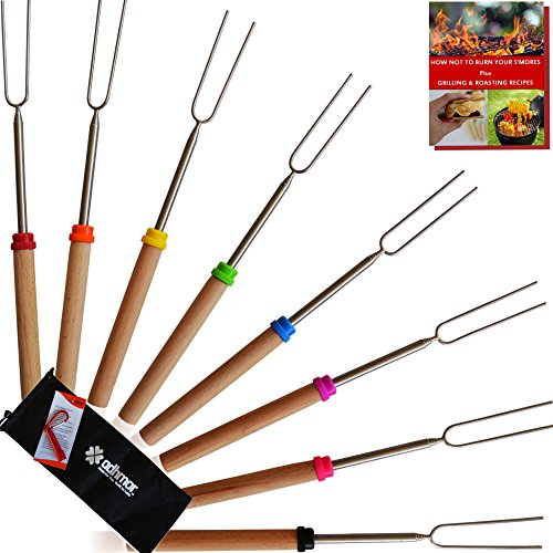 Marshmallow Roasting Sticks Telescoping Fork Smores Skewers for Camping Cookware and Patio Fire Pit Accessories. Extended to 32″ FDA Approved Stainless Steel with eBook -New Launch and Holiday Events