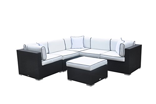 Radeway 6pc Modern Outdoor Backyard Wicker Rattan Patio Furniture Sofa Sectional Couch Set With FREE Protective Covers And Pillows Black