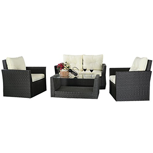 Goplus® 4pc Rattan Sofa Furniture Set Patio Lawn Cushioned Seat Gradient Brown