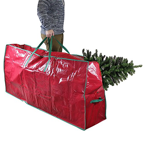 Red Christmas Artificial Tree Storage Bag Heavy Duty Can Fit a 9ft Tree- Extra Large Plastic Storage Holiday Festive Duffel Bag with Handles For Storing Xmas Trees In The Garage Or Shed – 65″