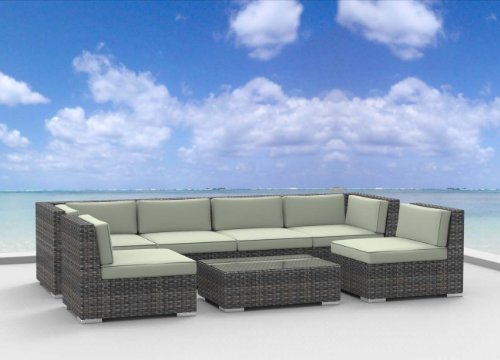 Urban Furnishing – OAHU 7pc Modern Outdoor Backyard Wicker Rattan Patio Furniture Sofa Sectional Couch Set – Beige