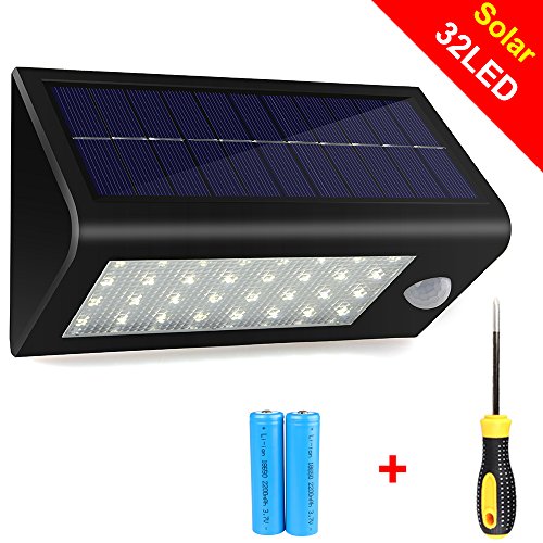 GRDE 400 Lumens 32 LED Solar Powered PIR Motion Sensor Light, Rechargeable Waterproof Outdoor Solar Wall / Porch / Pathway / Garden / Street Light (Screwdriver Included)-1Pack