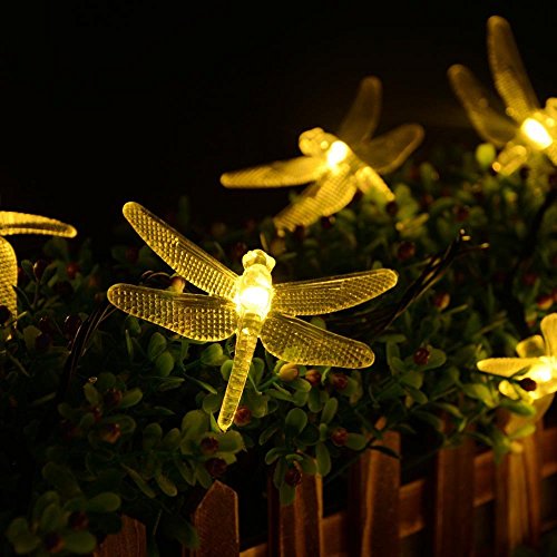lederTEK Christmas Solar String Lights 19.7ft 6m 30 LED 8 Modes Dragonfly Fairy Garden Light for Outdoor, Homes, Xmas Tree, Party Decorations, Waterproof (30 LED Warm white)