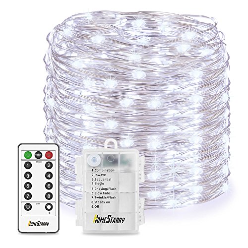 Homestarry LED String Lights,Battery Powered Cool White String Lights With Remote,132leds Indoor Decorative Silver Wire Lights for Bedroom ,Patio,Outdoor Garden,Stroller,Christmas Tree.(33ft)