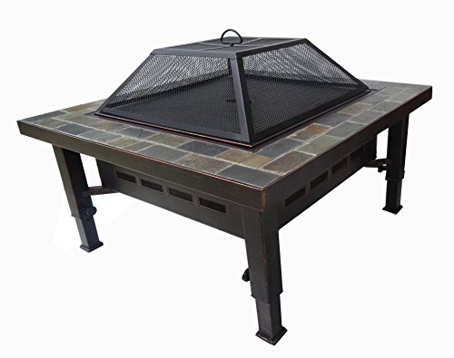 Global Outdoors 34-in Adjustable Leg Square Slate Top Fire Pit with Spark Screen, Weather Resistant Cover and Safety Poker