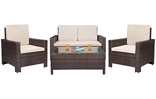 Patio Furniture Sets Clearance 4 PC Wicker Outdoor Sofa Set Rattan Sectional Sofa,for Backyard Porch Garden Poolside Balcony with Beige Cushion (Brown)