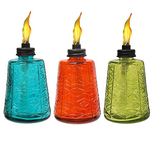 TIKI Brand 6-Inch Molded Glass Table Torch; Red, Green, and Blue 3-Pack