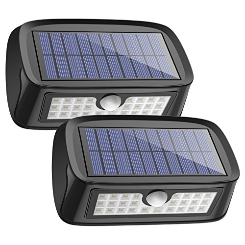 Solar Lights Waterproof 26 LED Wall Light Outdoor Security Night Lighting with Motion Sensor Detector for Patio Deck Yard Garden Lawn Back Door Step Stair Driveway Pool Fence Porch, Pack of 2